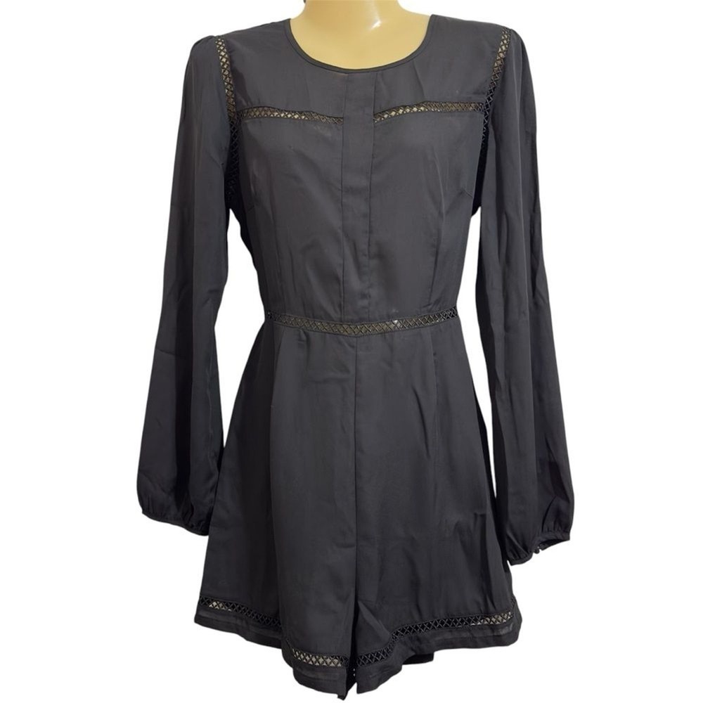 Missguided Black Crochet Trim Long‎ Sleeve Romper Playsuit US 8